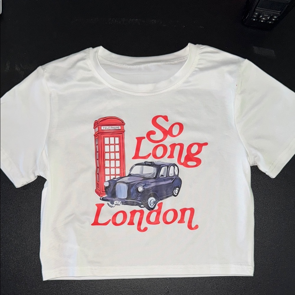 SHEIN White and Red Crop Top with London Graphic